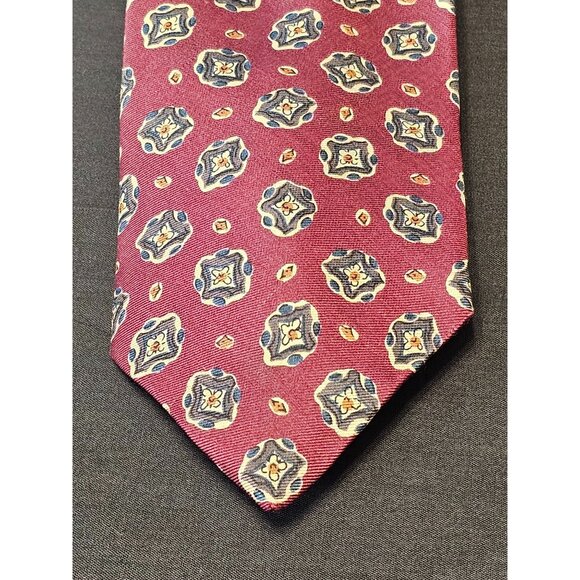 Vintage Parklane Mens Burgundy Silk Tie With Blue & Gold Geometric Pattern - Picture 3 of 10
